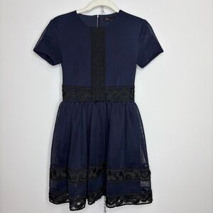 Maje Navy Short Sleeve Fit-and-Flare Dress with Black Trim